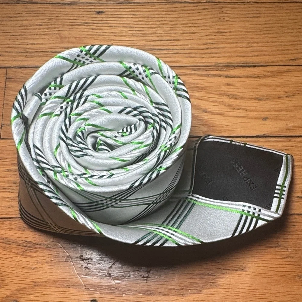 Express Silver and Green Checkered Silk Tie